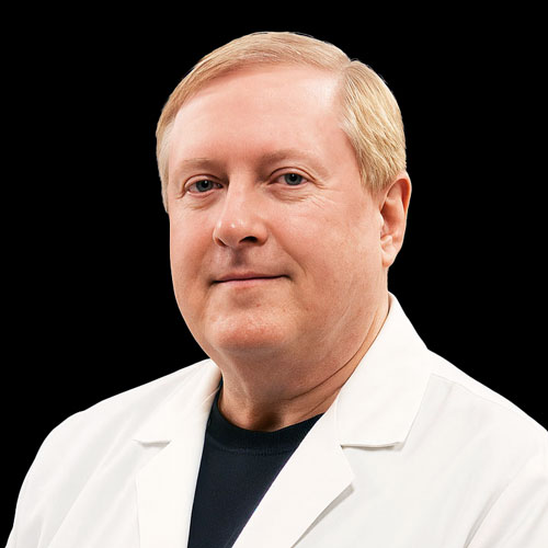 Professional headshot of ophthalmologist Dr. James Cole, wearing a white medical coat and smiling broadly in front of a black background.