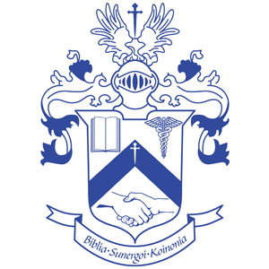 Blue heraldic coat of arms featuring a chevron shield, two supporters, a helmet with mantling, and a motto banner.