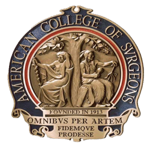 Circular badge of the American College of Surgeons featuring two figures in relief and the founding date 1913.