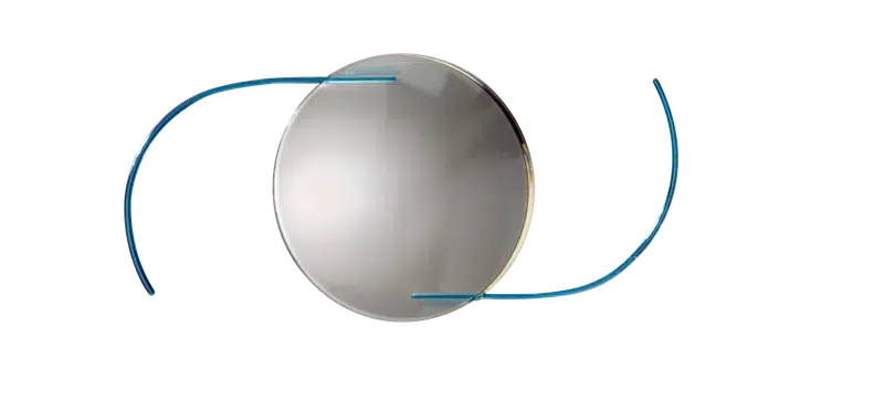 Cataract surgery lens: a shiny silver sphere with blue curved ribbons looping around it.