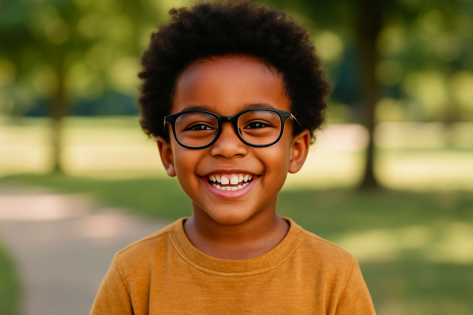 pediatric eye care in Arizona at Soutthwestern Eye Center, smiling 6-year-old African American child wearing cool glasses, candid,