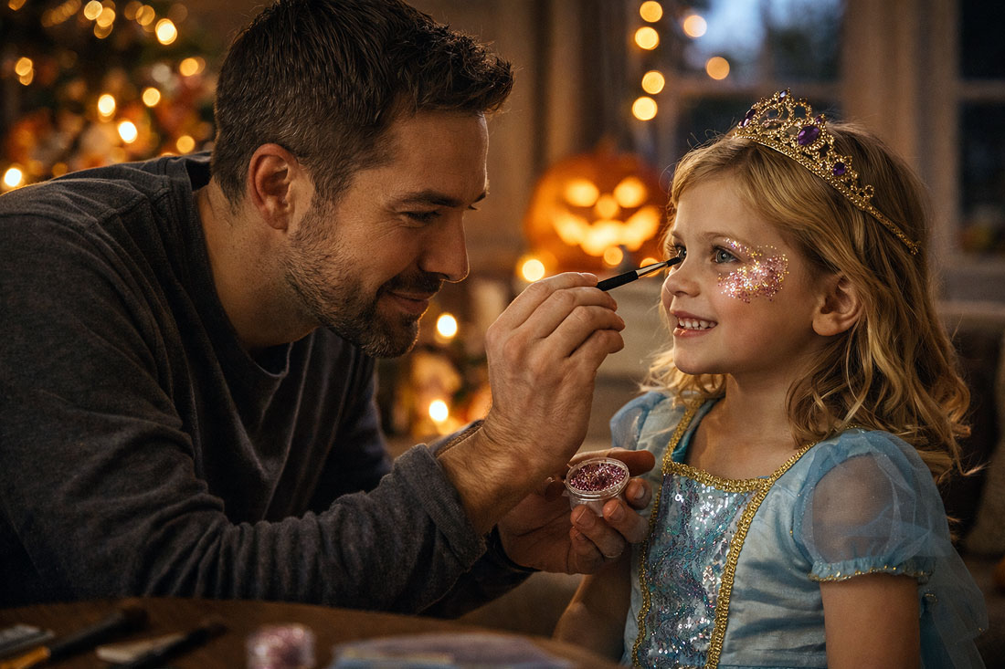 A man applies face paint to a smiling little girl in a blue princess dress and tiara, with warm holiday lights in the background.