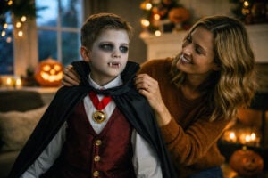 Young boy dressed as a vampire with a red vest and cape is helped by a smiling woman in a cozy, Halloween-themed living room.