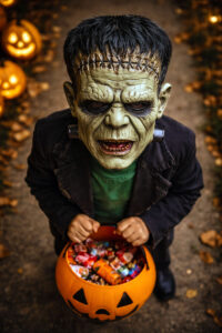 Child wearing an oversized rubber Frankenstein mask that makes it hard to see while trick or treating, illustrating Halloween eye safety tips from Southwestern Eye Center