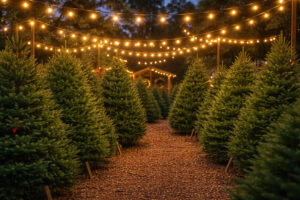 Christmas tree lot at twilight with rows of lush evergreens and string lights overhead, used to illustrate Holiday Eye safety tips from Southwestern Eye Center
