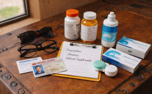 How to prepare for your upcoming eye exam with Southwestern Eye Center shown by eyeglasses, sunglasses, contact lenses, solution, medication list, and insurance cards laid out on a Santa Fe style desk