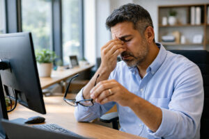 middle aged Hispanic man with ocular surface disease rubbing tired eyes from too much computer screen time in a modern office and needs help from southwestern eye center
