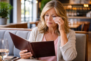 middle aged woman with watery eyes from ocular surface disease reading a menu in a bright Phoenix gastropub, who needs help form Southwestern Eye Center