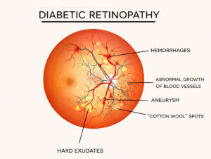 Medical illustration of the retina showing diabetic retinopathy with labeled hemorrhages, abnormal blood vessel growth, aneurysms, cotton wool spots, and hard exudates on an off-white background, used to explain how diabetic eye disease can threaten peripheral vision in a Southwestern Eye Center blog