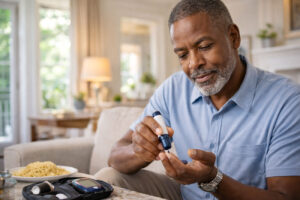 Diabetes can increase your glaucoma risk, manmonitoring his blood sugar after learningabout the glaucoma risk factors he learned at Southwest Eye Center