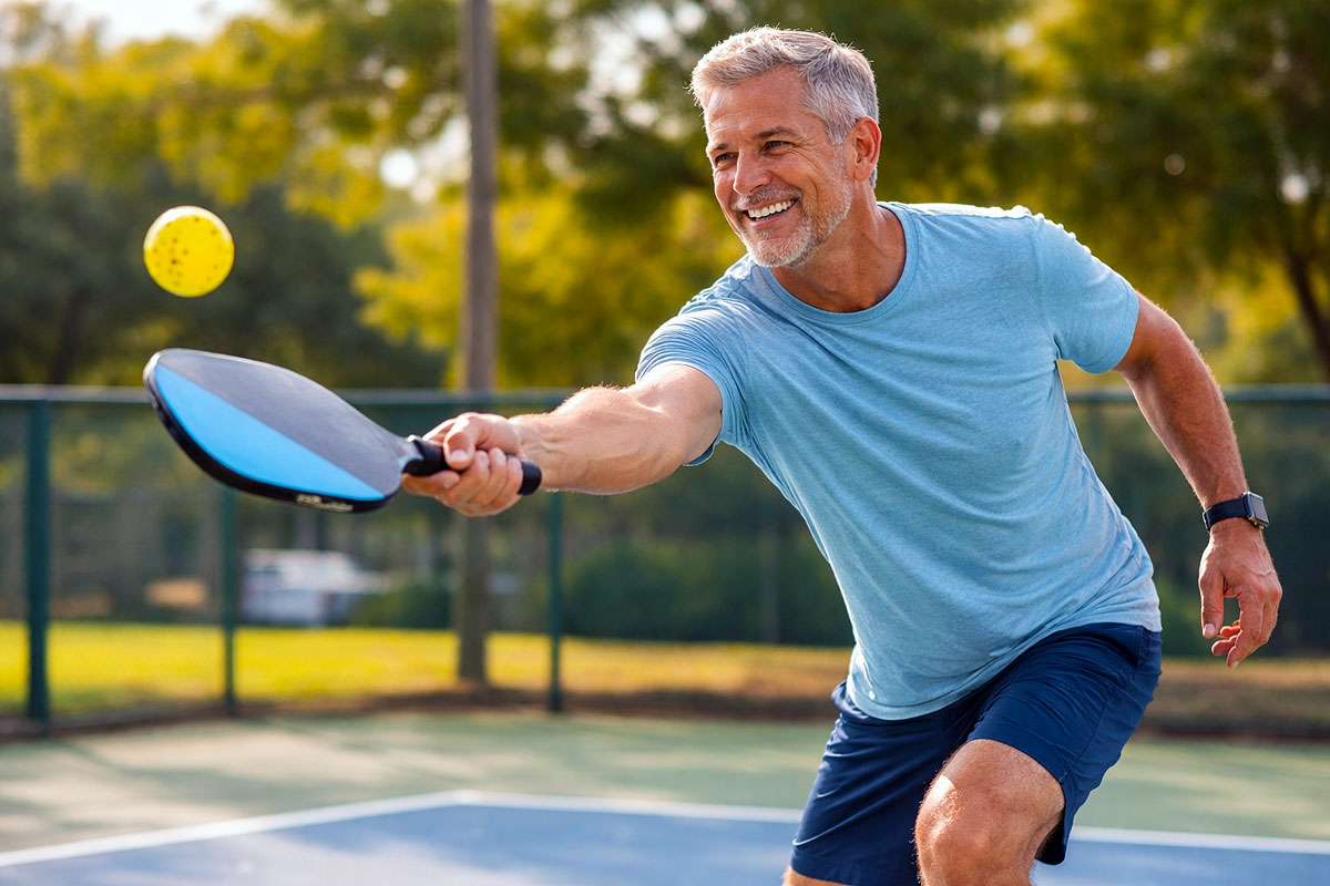 Senior man playing pickleball outside after recieving dry eye medications from Southwest Eye Center.