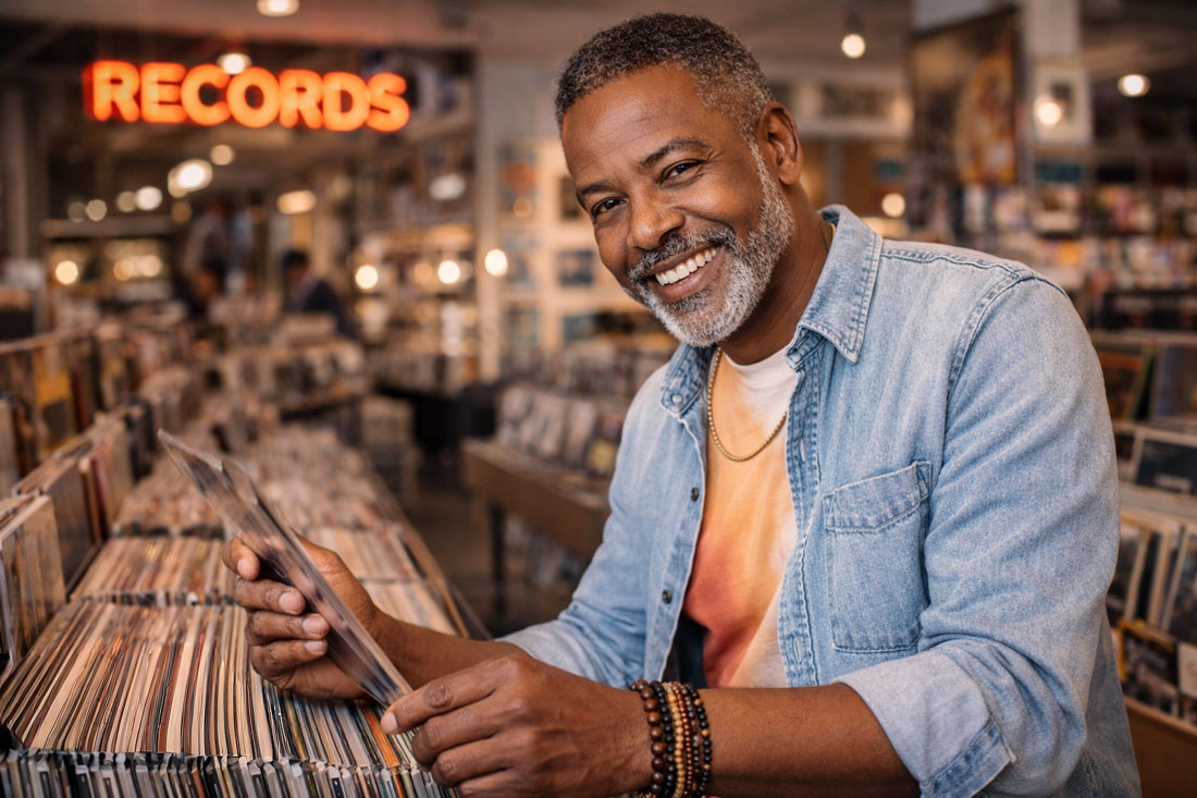 Smiling man in a light denim shirt browses vinyl records at a record store.