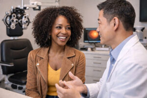 African American woman learning about her glaucoma risk factors in an eye exam with a doctor from Southwest Eye Center