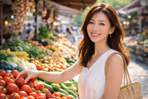 Asian woman shopping at an outdoor market after learning about glaucoma risk factors at Southwest Eye Center