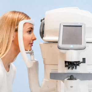 Woman taking an intraocular pressure test at Southwest Eye Center