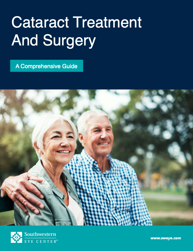 Cover of a comprehensive guide titled Cataract Treatment and Surgery, featuring an elderly couple smiling outdoors.