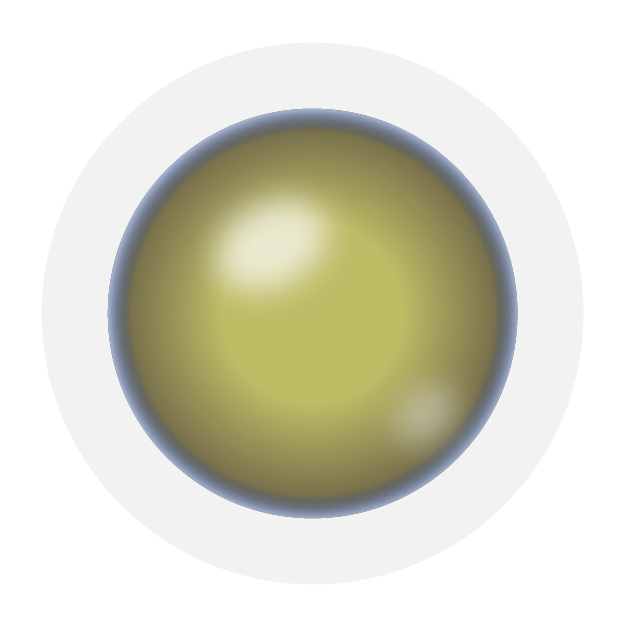 Glossy gold sphere with a bright highlight on a white circular background.