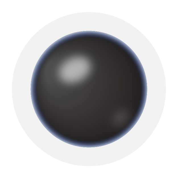 Glossy black sphere with a blue rim centered on a white circular background.
