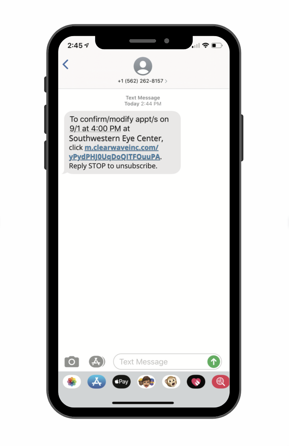 iPhone screen displaying a text message thread about confirming or modifying appointments.
