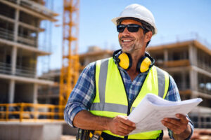 Construction foreman wearing the appropriate UV blocking sunglasses for his work and lifestyle after a comprehensive eye exam at Southwestern Eye Center.