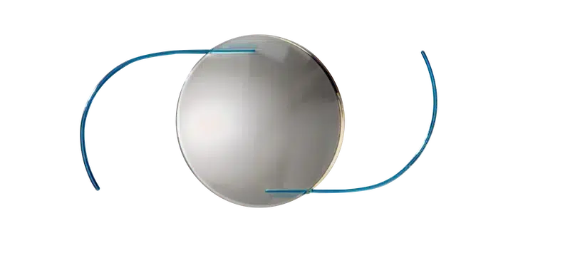 Abstract logo featuring a silver sphere encircled by blue curved rings.