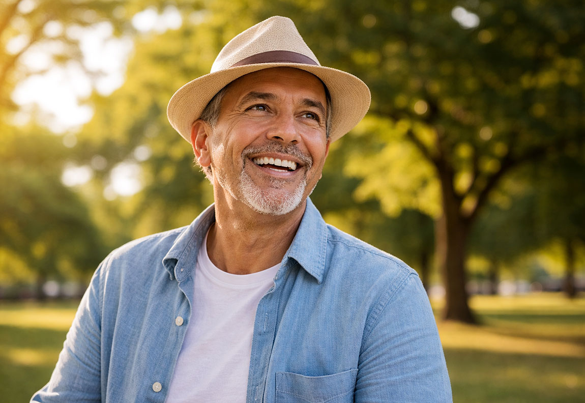 Happy senior man at the park after macular hole treatment at Southwestern Eye Center.