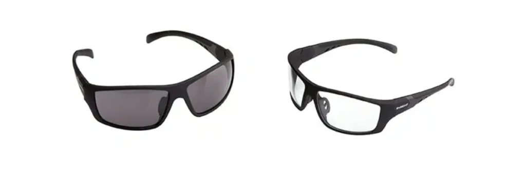 Image of two pairs of protective glasses, one with dark lenses and one with clear lenses.
