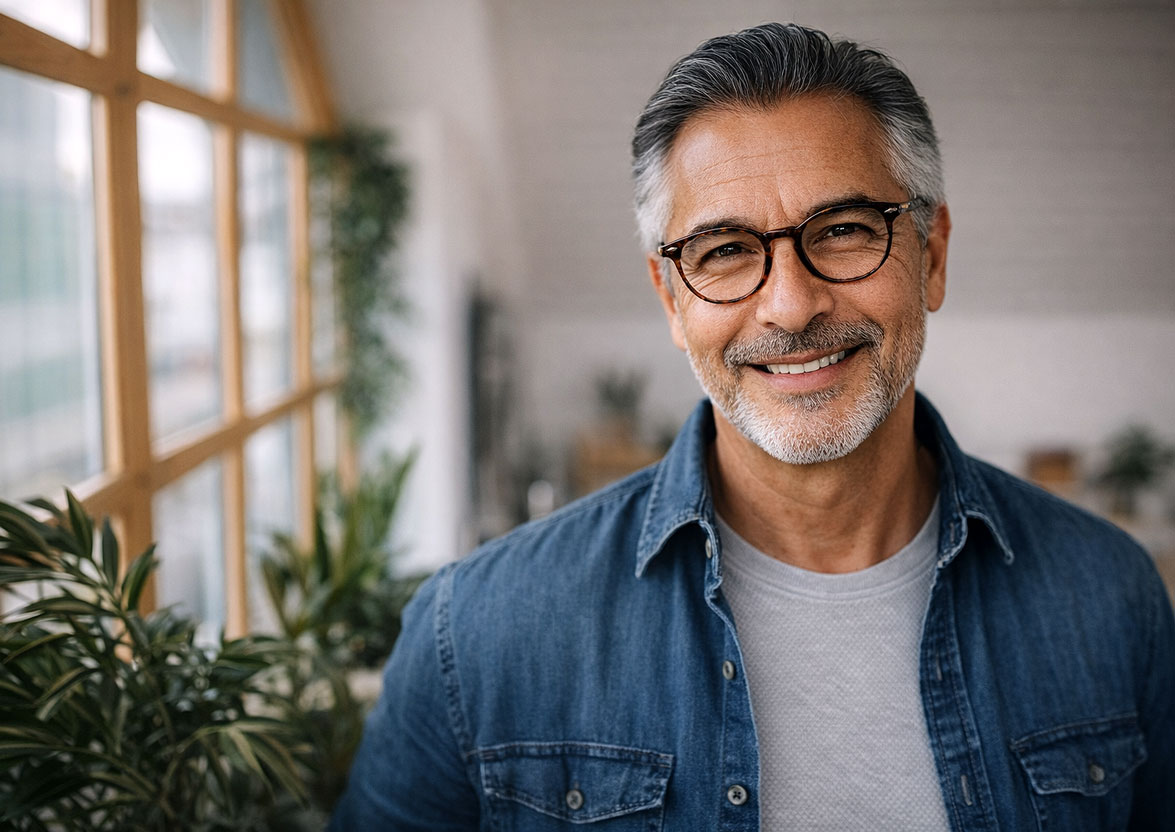 Senior man with a warm and relaxed smile after learning the Symptoms of Macular Degeneration from Southwestern Eye Center.