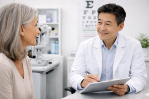 Southwest Eye Institute eye doctor dicussing the safest vision correction procedures today with his senior female patient in a modern exam room.