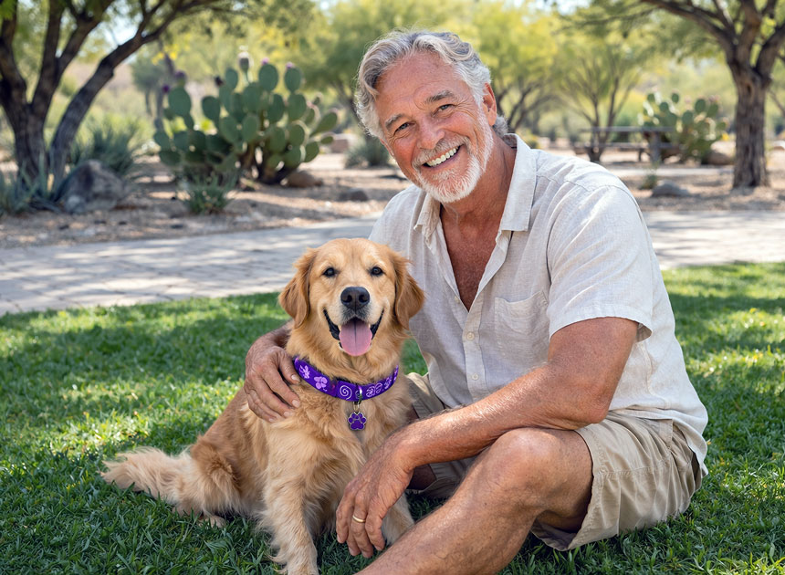 Senior man with his dog enjoying the park after his Minimally Invasive Glaucoma Surgery treatment at Southwestern Eye Center.