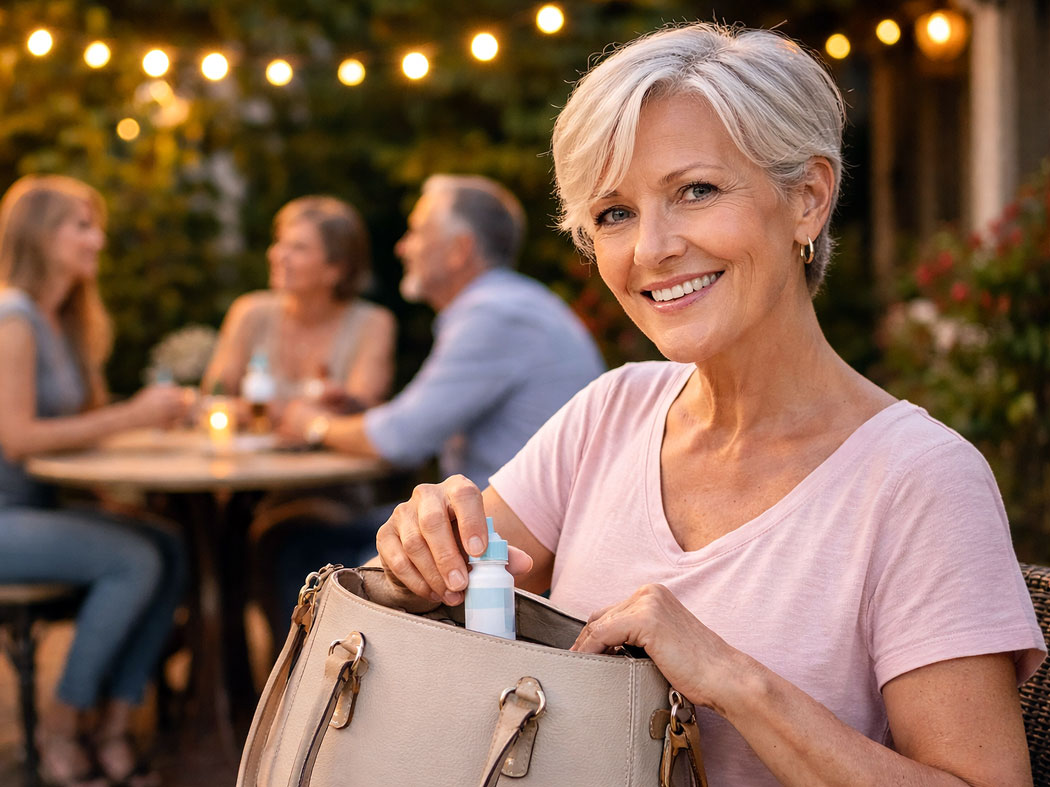 Senior woman out with friends who reduced her need for eydrops after Minimally Invasive Glaucoma Surgery at Southwestern Eye Center.
