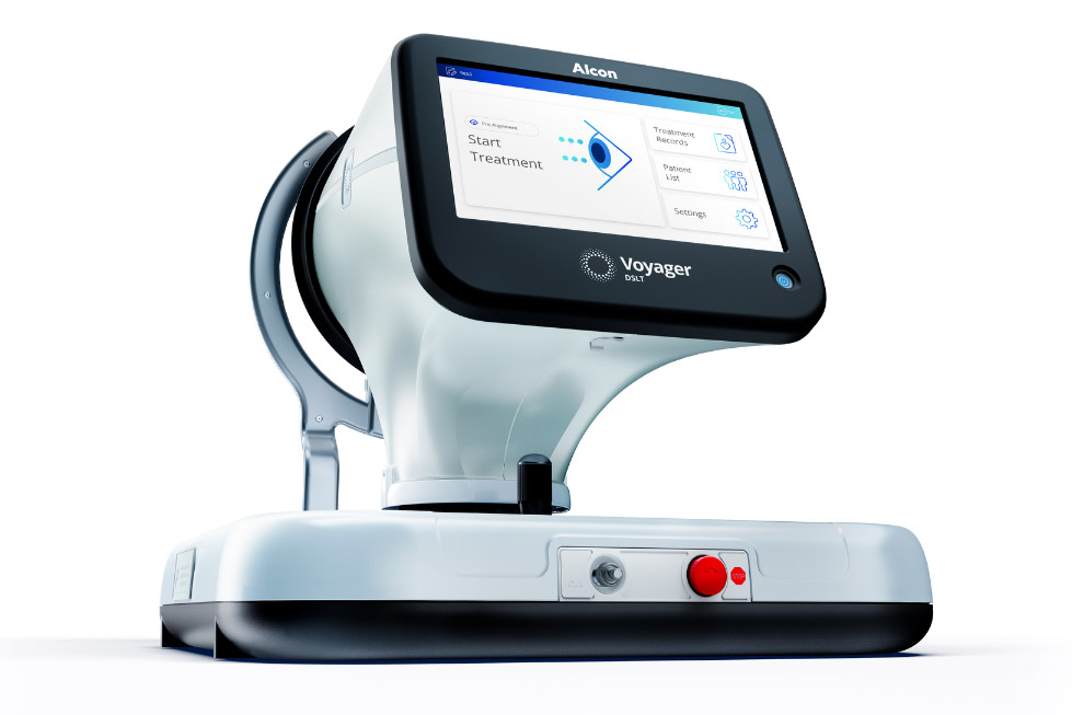 Alcon Voyager DSLT device used for dry eye and glaucoma treatment, featuring touchscreen interface in a clinical setting.