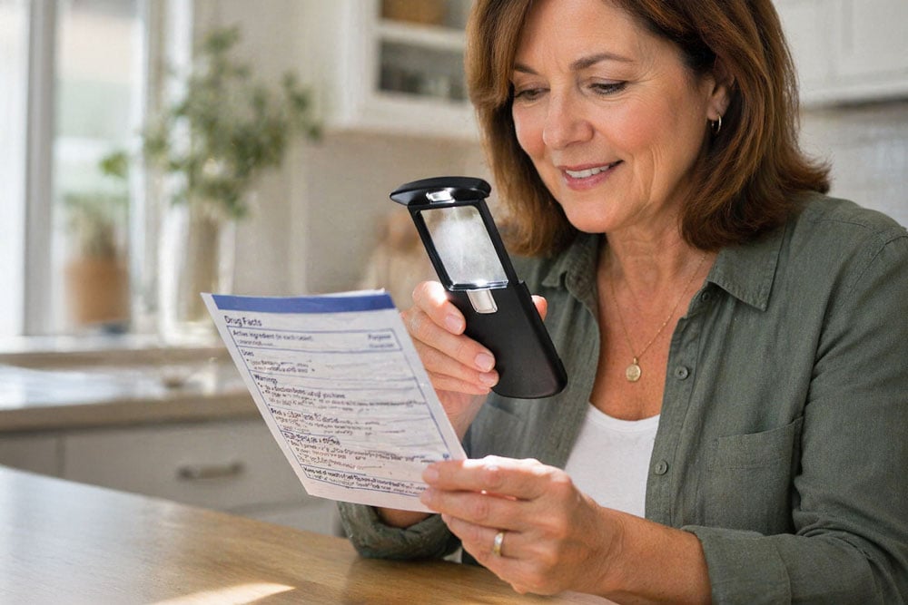 Person using a handheld magnifier to read small print on a package, demonstrating a low vision device for macular degeneration.