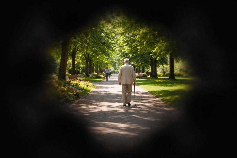 Glaucoma vision simulation showing tunnel vision with clear central view and dark, blurred peripheral edges as a person walks along a tree-lined path.