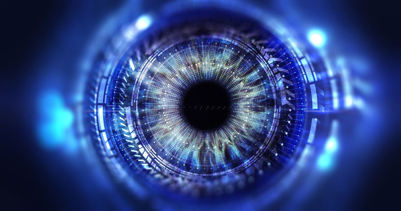 Futuristic visualization of wavefront aberrometry showing detailed eye optics mapping and light distortion patterns associated with vitreous floaters