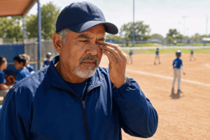 Senior baseball coach rubbing his eye in the sun, representing common causes of dry eyes at Southwestern Eye Center.