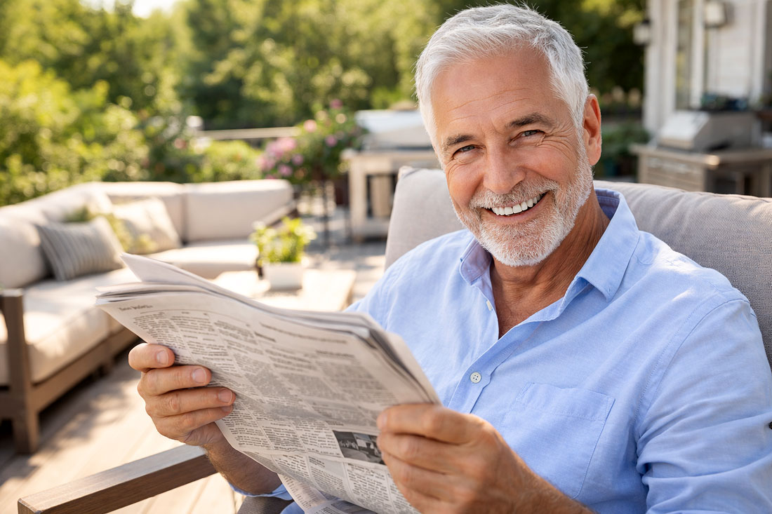 Senior man easily reading his paper in comfort from eyelid pain after treatment of common eye infections at SOuthwestern Eye Center.