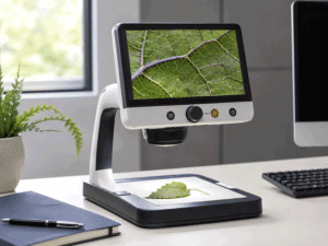 Electronic video magnifier on an office desk is considered a macular degeneration vision aid at Southwestern Eye Center.