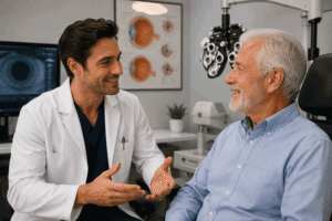 Southwestern Eye Center eye doctor explaining the signs of early-onset cataracts with his senior male patient.