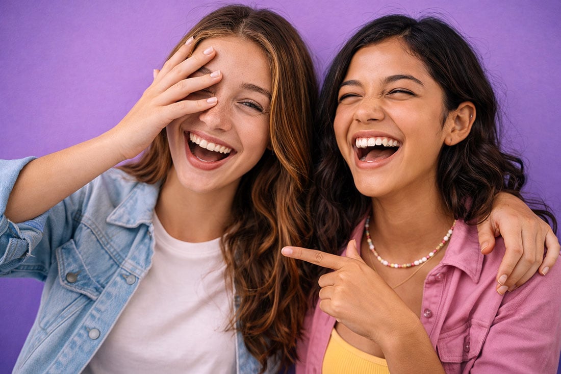 Two teen girls laughing and joking after learning more about the risks of keratoconus symptoms and treatment from Southwestern Eye Center.