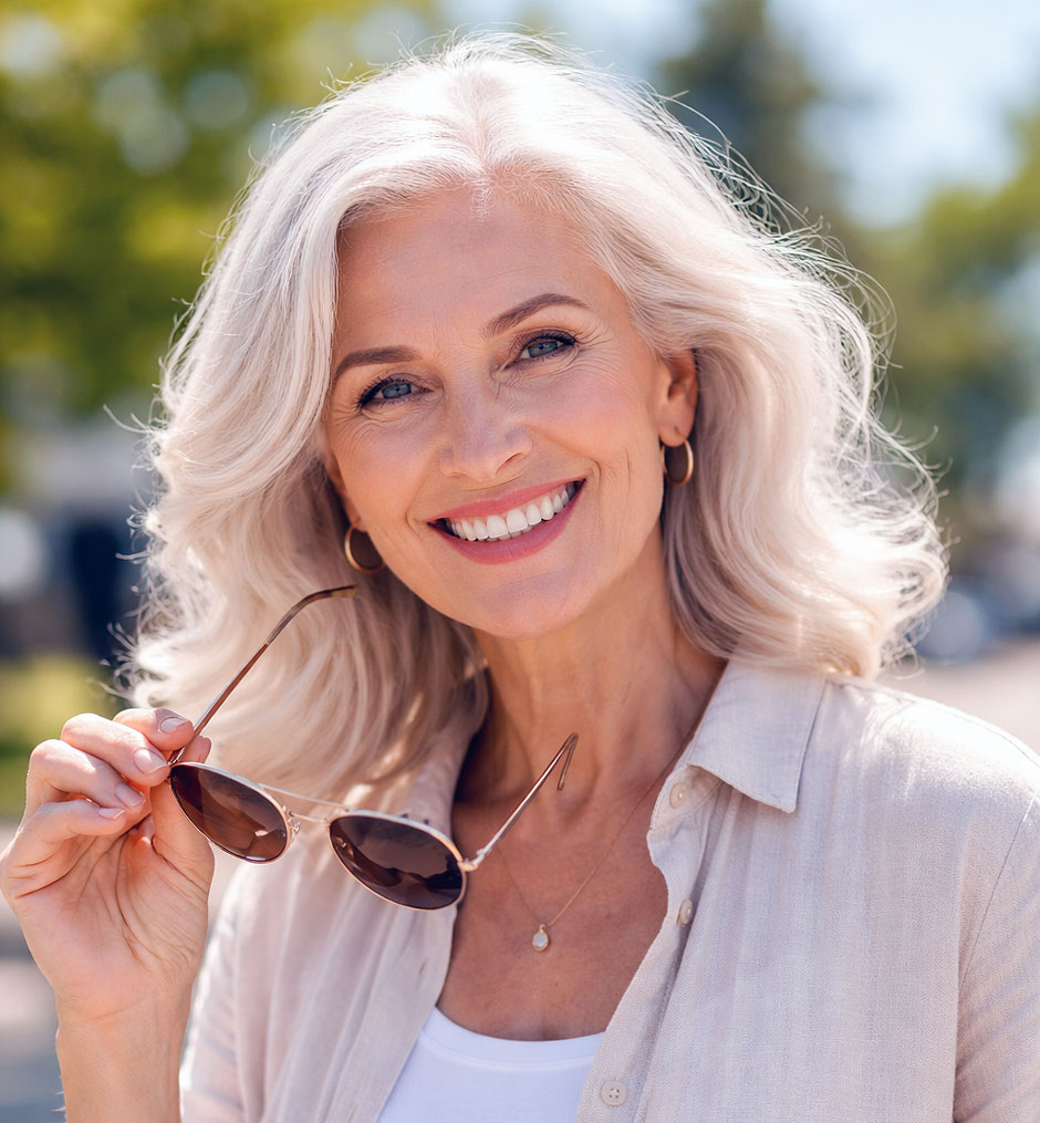 Senior woman with her sunglasses and hapy after learning how to How to Preserve Your Vision as You Age from Southwestern Eye Center.