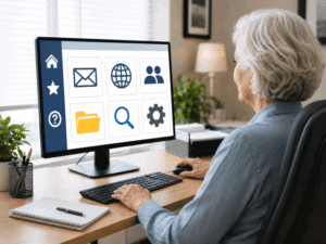 Senior woman using enlarged text and icons on her home computer as a macular degeneration vision aid. Southwestern Eye Center.