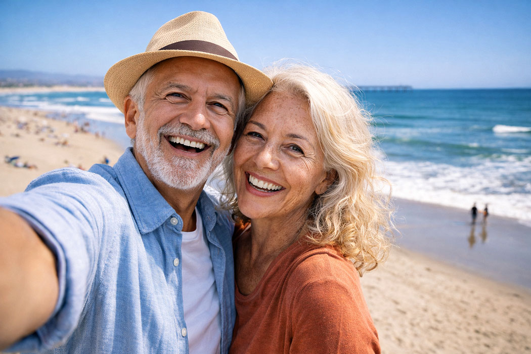 Senior couple enjoying the beach with no cataract symptoms after treatment from Southwestern Eye Center.