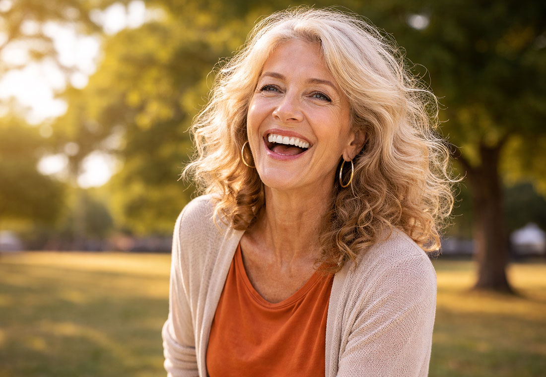 Smiling senior woman in the park after her DSAEK surgery at Southwestern Eye Center.