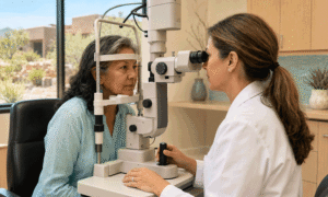 Southwestern Eye Center ophthalmologist performs YAG laser capsulotomy for a patient with posterior capsular opacification.