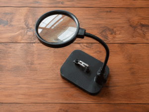 Standing magnifier on wooden table is one of the macular degeneration vision aids at Southwestern Eye Center.