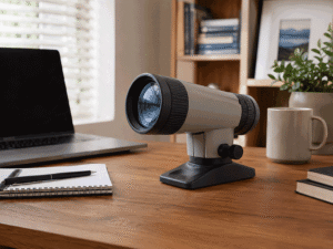 Telescopic low vision device on a home office desk is a macular degeneration vision aid at Southwestern Eye Center.