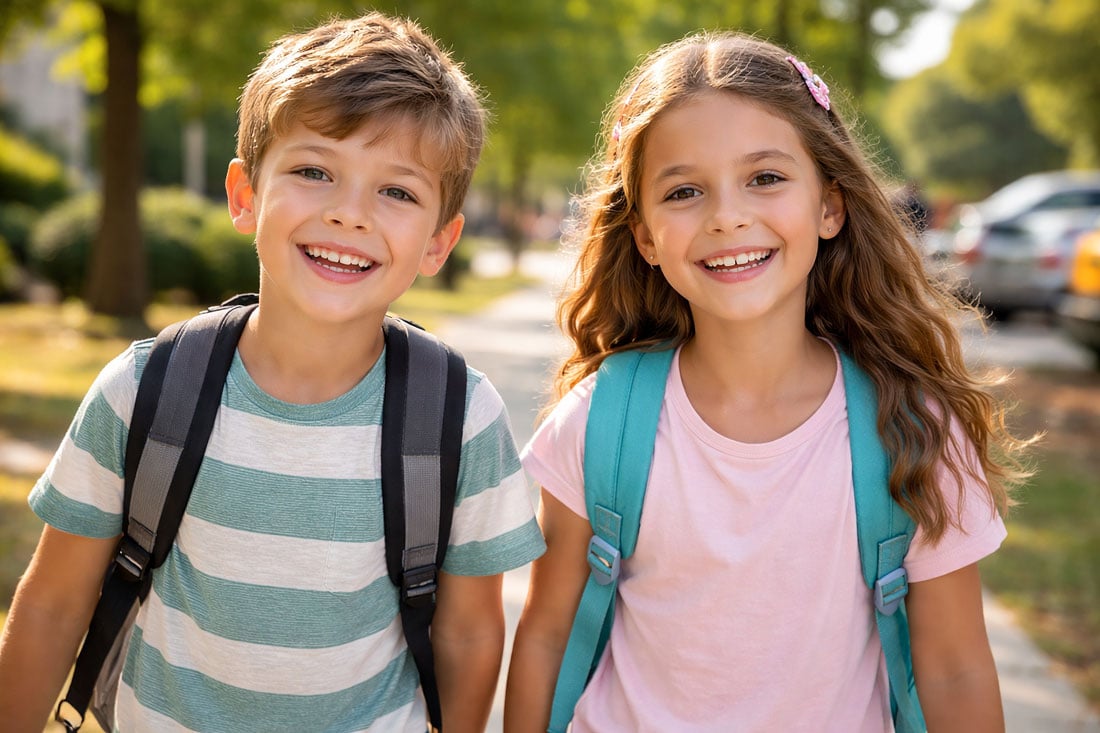 2 children happily going to school after an eye exam learn the the importance of a back to school eye exam at Southwestern Eye Center.