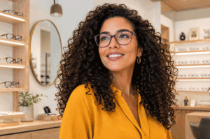 After help understanding your vision prescription at Southwestern Eye Center, a younger woman tries one a new pair of glasses and contacts, in Arizona.