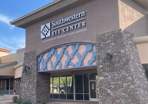 Exterior of Southwestern Eye Center clinic entrance with signage above the front doors.